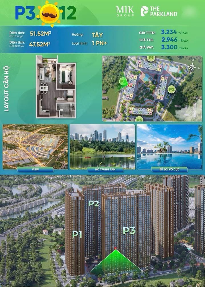 Căn hộ The Parkland Hưng Yên 47.52m² giá 2.946 tỷ - View Đảo Dừa thoáng đãng!