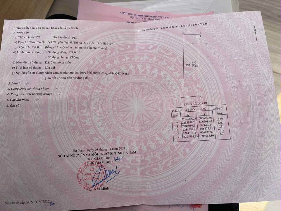 Đất thổ cư 154m² tại TDP Từ Đài, Duy Tiên chỉ 1 tỷ - Đầu tư sinh lời ngay!