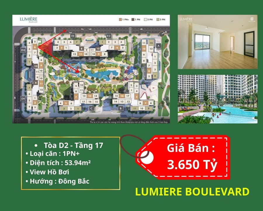 Căn hộ Lumiere Boulevard Thủ Đức 54m² giá 3.65 tỷ - Thiết kế hiện đại view hồ bơi!