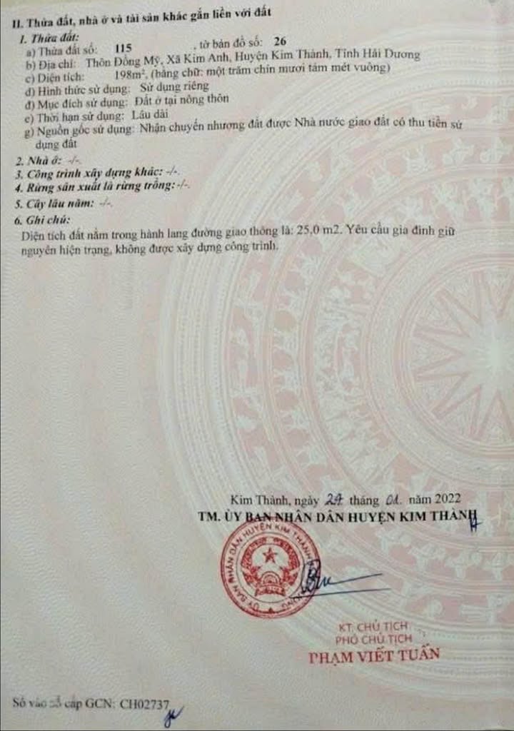 Đất nền 198m² tại Huyện Tứ Kỳ, Hải Dương giá 1 tỷ - Đường thông rộng rãi, ô tô tránh nhau!