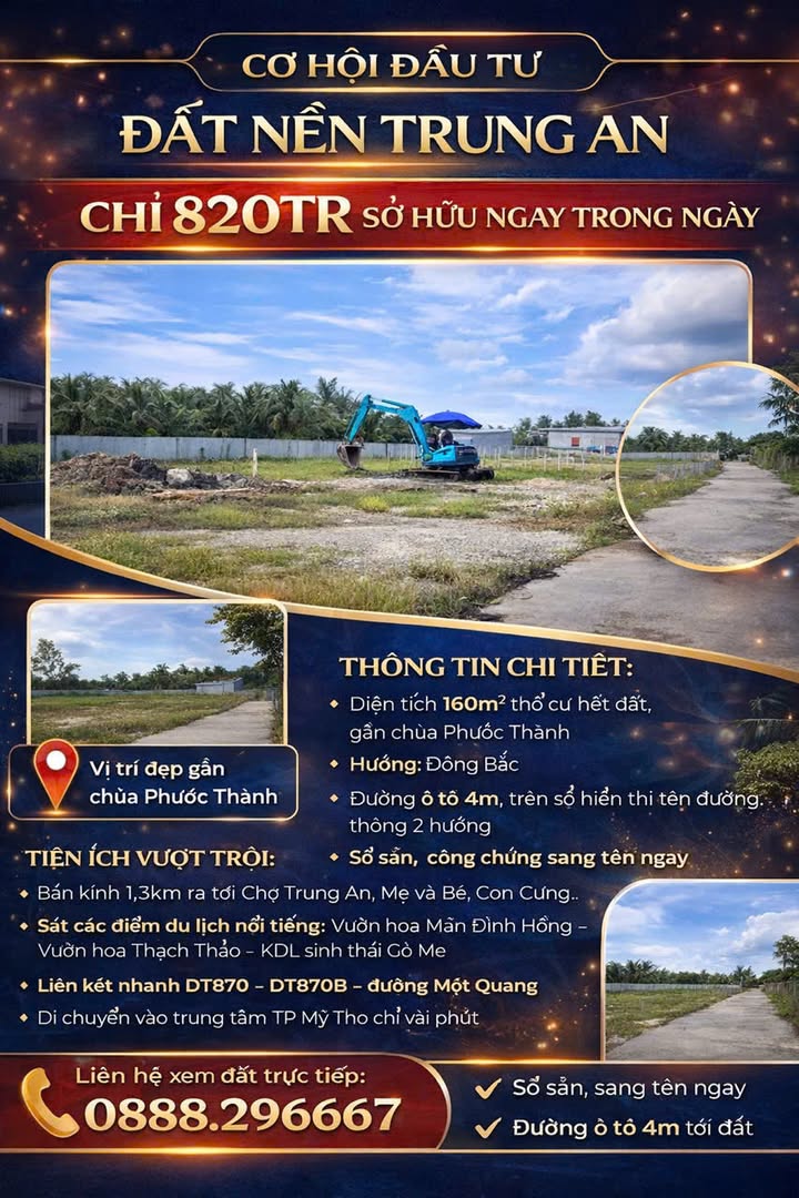 Đất nền Trung An, Củ Chi 160m² giá 820 triệu - Đầu tư sinh lời ngay!