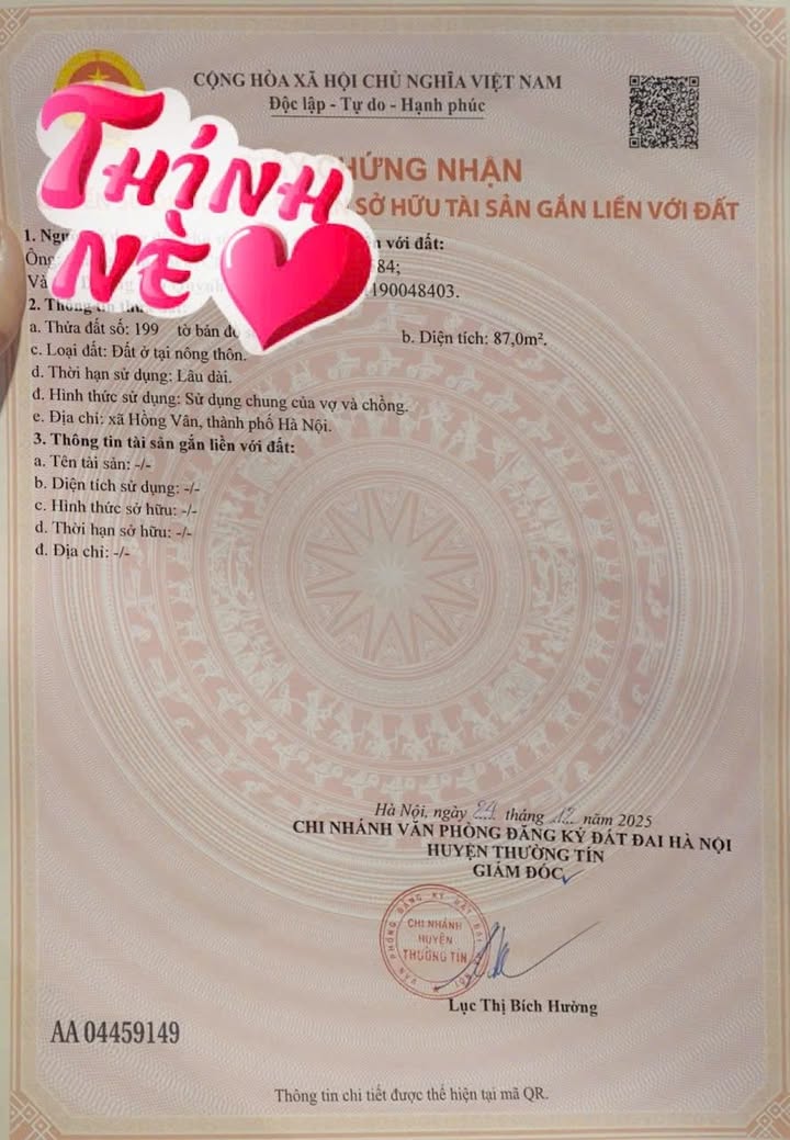 Đất nền Xã Hồng Vân 87m² giá 6.5 tỷ - Đường trục chính thuận tiện!