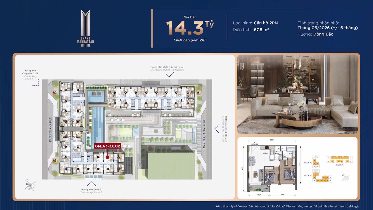 Căn hộ 2PN Grand Mahattan Quận 1 67.8m² - Bàn giao tháng 06/2026!