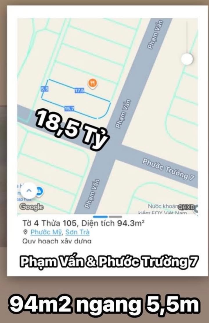 Đất nền Phường Phước Mỹ, Quận Sơn Trà 94m² giá 18.5 tỷ - Cách bãi biển Mân Thái 400m!