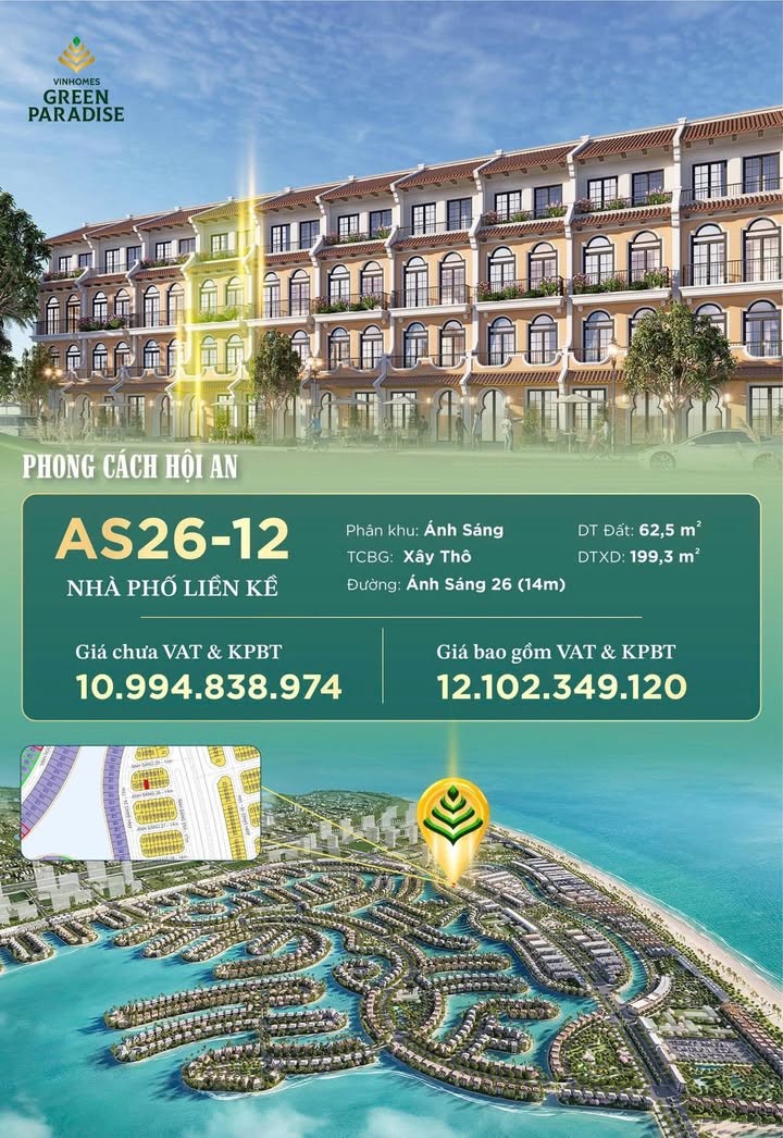 Nhà phố liền kề Vinhomes Green Paradise Cần Giờ 62,5m² giá 10,99 tỷ - Cơ hội đầu tư hiếm có!