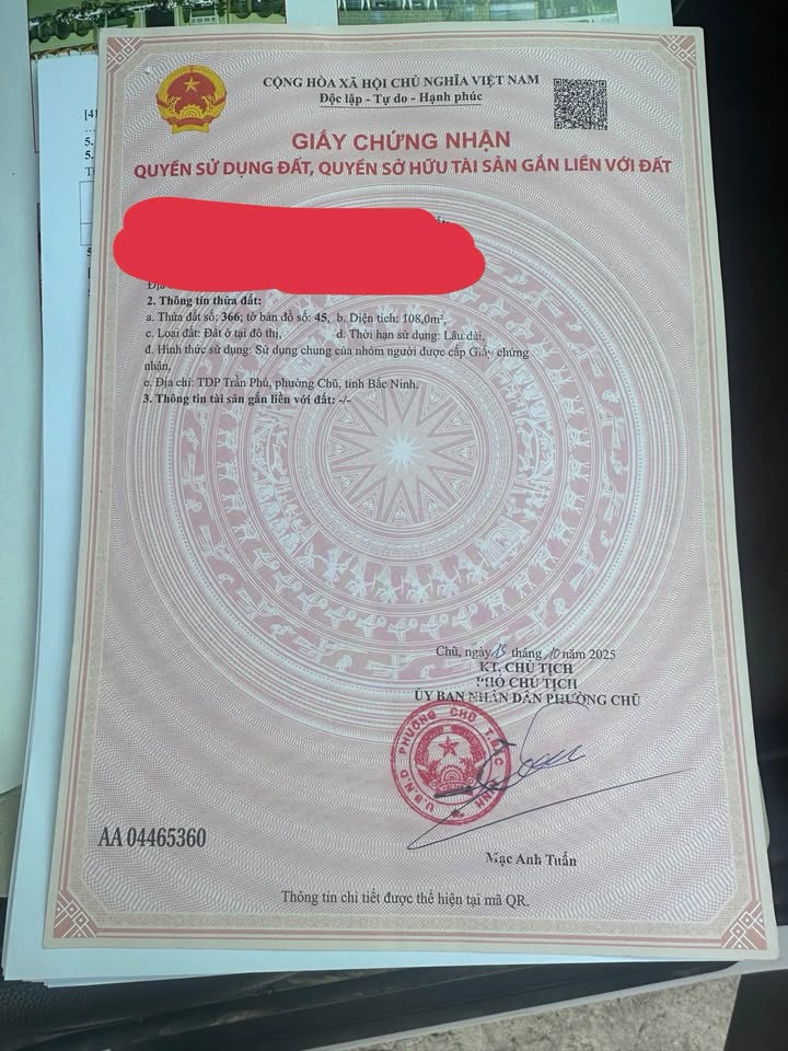 Đất thổ cư 108m² Trần Phú, Bắc Ninh chỉ 3 tỷ - Sổ hồng chính chủ!