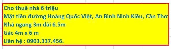 Nhà cho thuê mặt tiền Hoàng Quốc Việt 19.5m² giá 6 triệu - Gần trung tâm Ninh Kiều