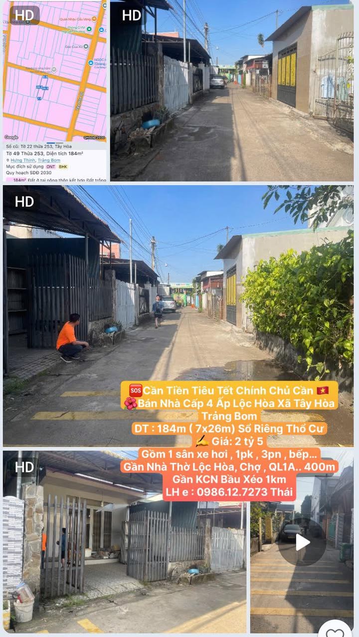 Nhà cấp 4 Ấp Lộc Hòa, Trảng Bom 184m² giá 2.5 tỷ - Sổ riêng thổ cư, tiện ích đầy đủ!