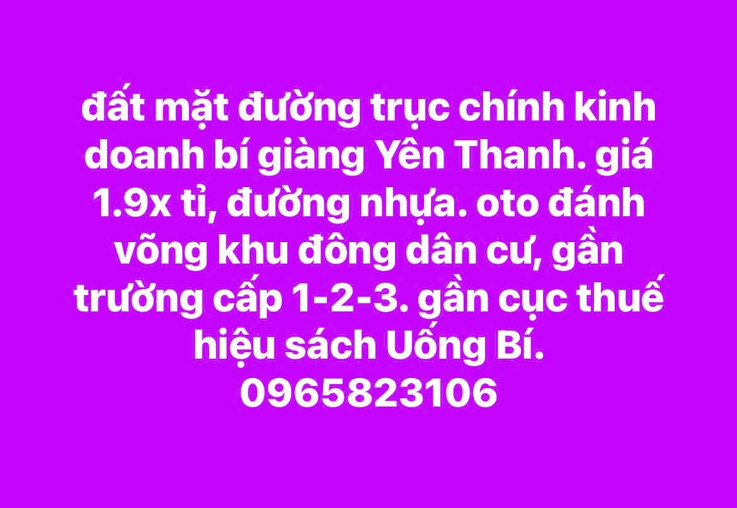 Đất mặt đường Yên Thanh - Bí Giàng 100m² giá 1.9 tỷ - Cơ hội đầu tư sinh lời!