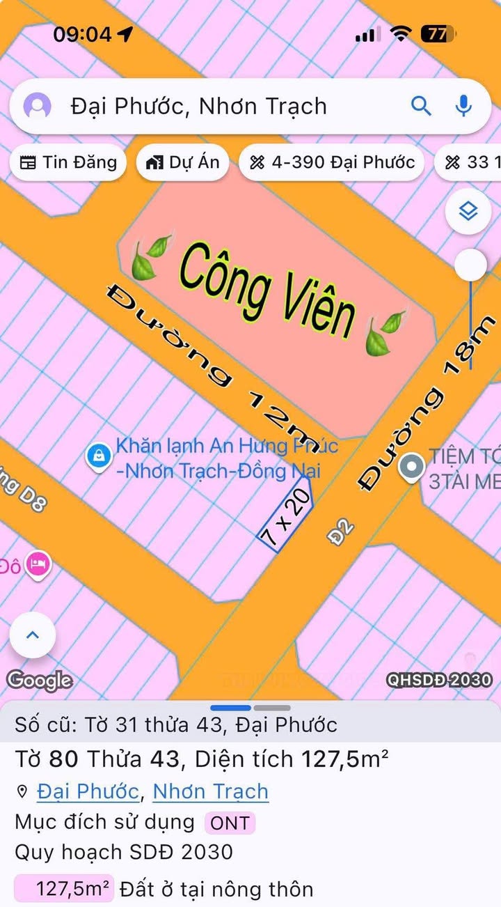 Bán lô đất 2 mặt tiền tại xã Đại Phước, Nhơn Trạch 140m² giá 7.9 tỷ - Đối diện công viên