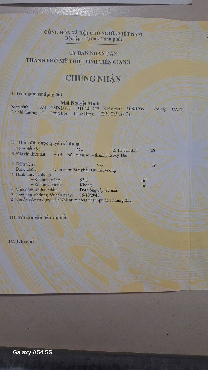 Đất thổ cư ấp 4, xã Trung An, TP. Mỹ Tho 56m² giá 350 triệu - Sổ đỏ chính chủ!