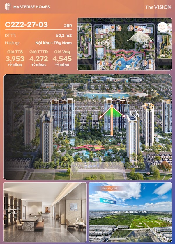 Căn hộ 2 phòng ngủ THE VISION Hưng Yên 60m² giá 3.953 tỷ - Thiết kế trẻ trung, tiện nghi!