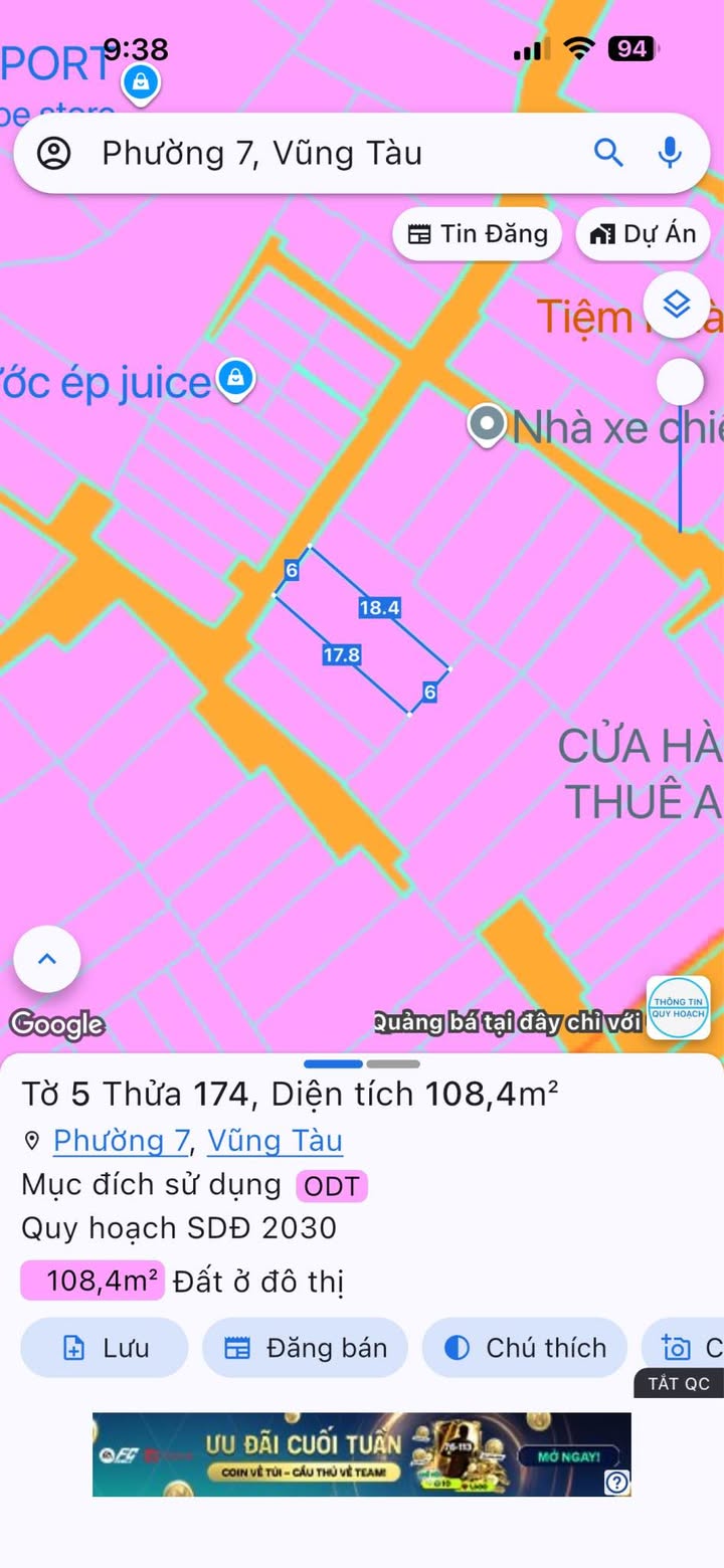 Đất thổ cư 100% Nguyễn An Ninh, Vũng Tàu 108.4m² - Hẻm ô tô, giá tốt thương lượng!