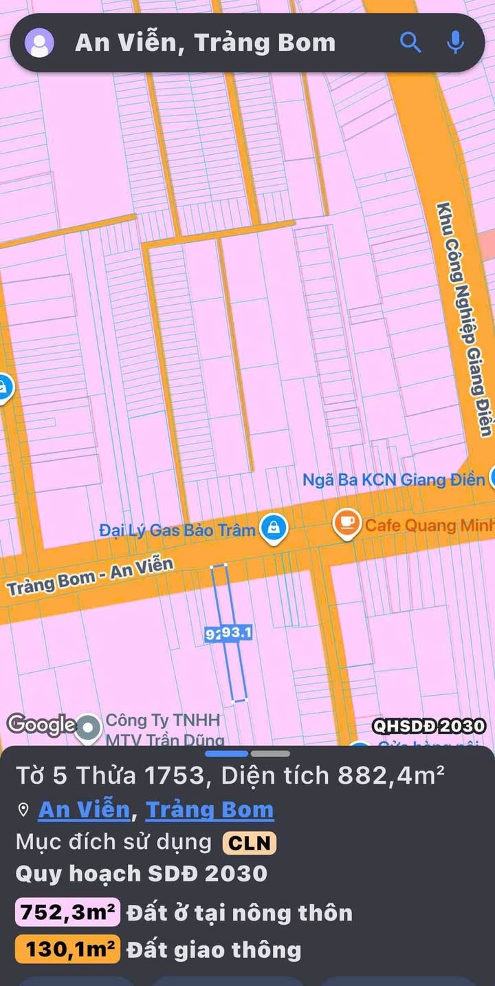 Đất nền mặt tiền Phùng Hưng, Trảng Bom 882m² giá 7.056 tỷ - Cơ hội đầu tư sinh lời!