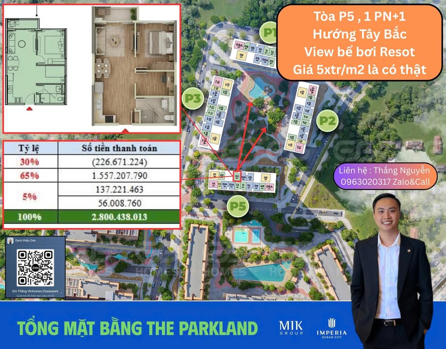 Căn hộ 1 PN+1 The ParkLand Hưng Yên 47m² giá 2.8 tỷ - Thiết kế hiện đại, view bể bơi!