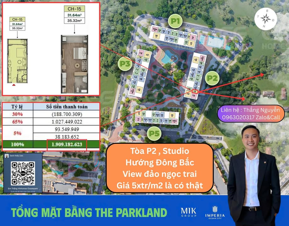 Căn hộ Studio The ParkLand Hưng Yên 31.64m² giá 1.909 tỷ - Thiết kế hiện đại, view biệt thự!