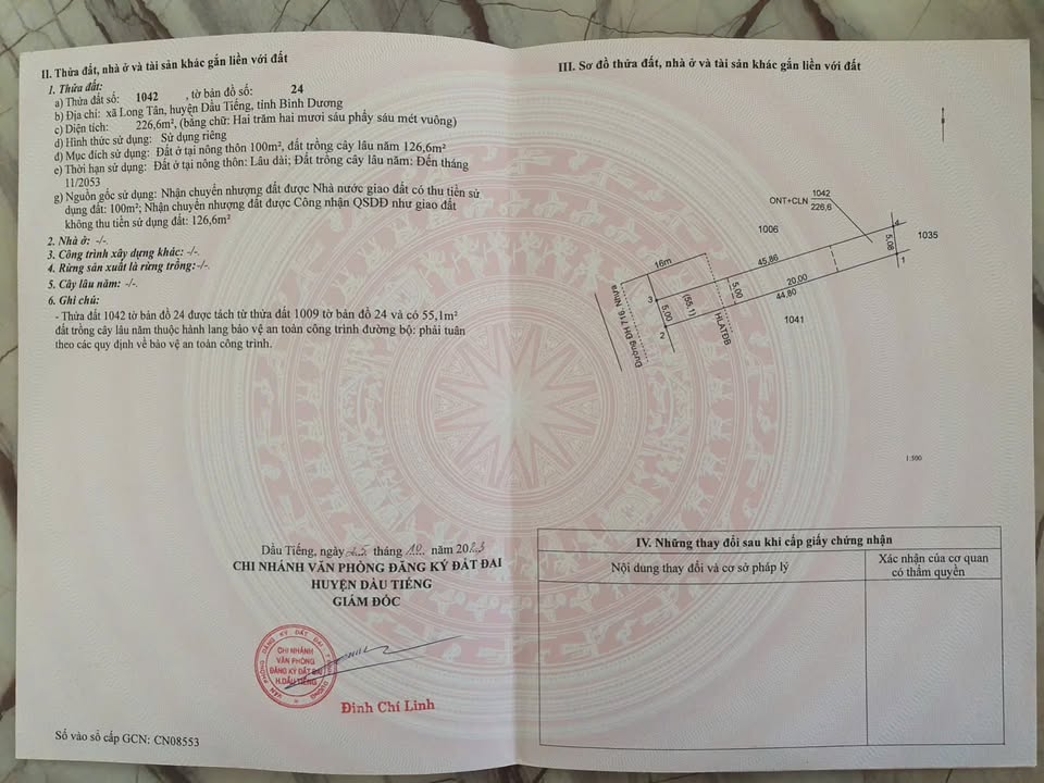 Bán đất mặt tiền đường DH716 – Long Tân, Dầu Tiếng, 226.6m² – Đầu tư sinh lời rõ ràng!