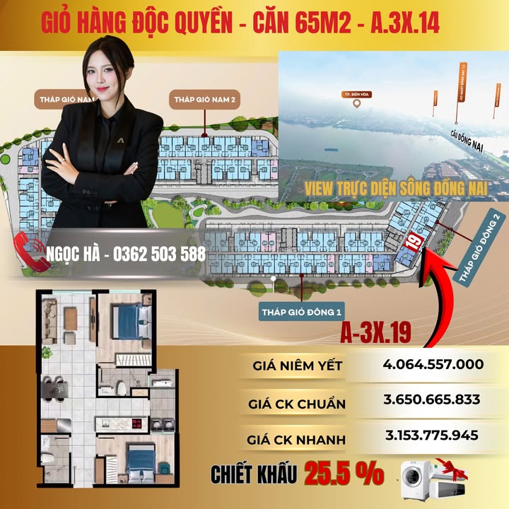 Căn hộ Tháp Gió Đông Thủ Đức 65m² giá 3.15 tỷ - View sông Đồng Nai đón tài lộc!