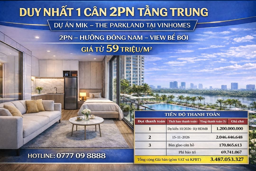 Căn hộ 2PN The Parkland - Vin Ocean City 62.39m² giá 3.681 tỷ - Hàng hiếm cuối cùng!
