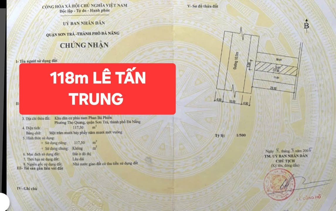 Đất biển Lê Tấn Trung, Sơn Trà 118m² giá 11 tỷ - Đầu tư sinh lời ngay!