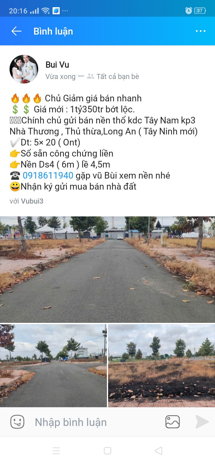 Đất nền KDC Tây Nam, Thủ Thừa, Long An 100m² giá 1.35 tỷ - Chính chủ bán nhanh!