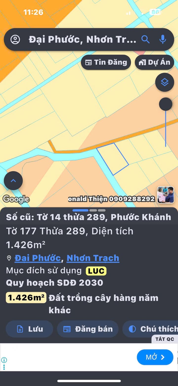 Đất nền Phước Khánh Nhơn Trạch 1426m² giá 1.6 tỷ - Mặt tiền rạch hiển hữu!