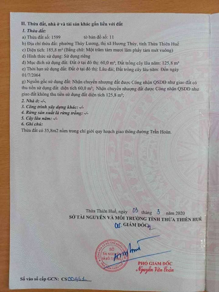 Đất nền Trần Hoàn, Hương Thủy 185m² giá 1.4 tỷ - Vị trí đắc địa, đầu tư sinh lời!