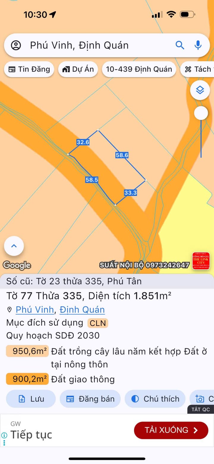 Đất nền xã Phú Vinh, Định Quán 1850m² giá 800 triệu - Chính chủ bán gấp!
