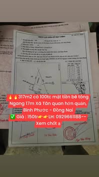 Đất nền 317m² xã Tân Quan, huyện Hớn Quản - Giá chỉ 150 triệu!