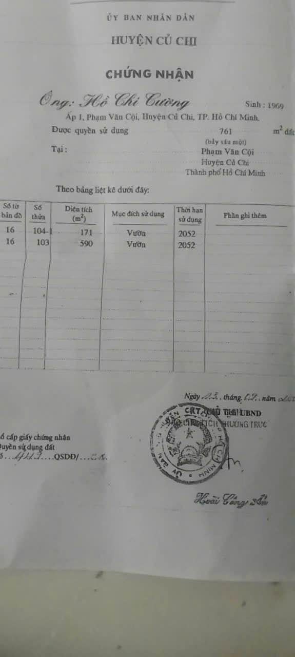 Đất nền 761m² tại Củ Chi - Giá chỉ 4 tỷ - Sẵn sàng xây dựng!