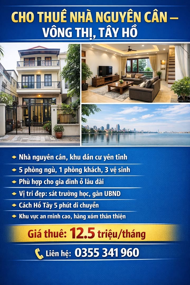 Nhà nguyên căn Võng Thị, Tây Hồ 5 phòng ngủ giá 12.5 triệu - Không thể bỏ lỡ!