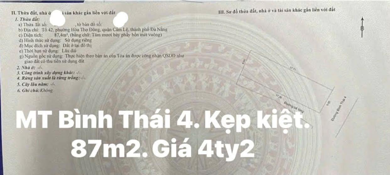 Đất nền Kiệt Bình Thái 4, Quận Cẩm Lệ 88m² giá 4 tỷ - Cơ hội đầu tư hấp dẫn!