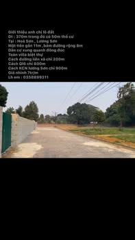 Đất thổ cư 370m² tại Hòa Sơn, Lương Sơn - Giá chỉ 2.59 tỷ!