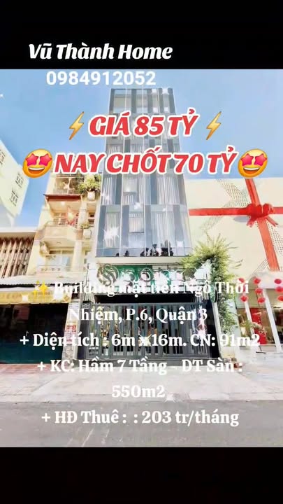 Bán gấp Building mặt tiền Ngô Thời Nhiệm, Quận 3 - Giá chỉ 70 tỷ!
