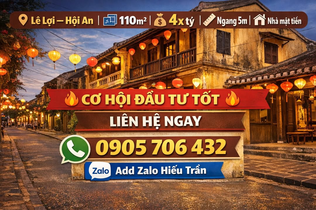 Nhà mặt tiền Lê Lợi, Hội An 110m² giá 4x tỷ - Cơ hội hiếm có cho đầu tư!