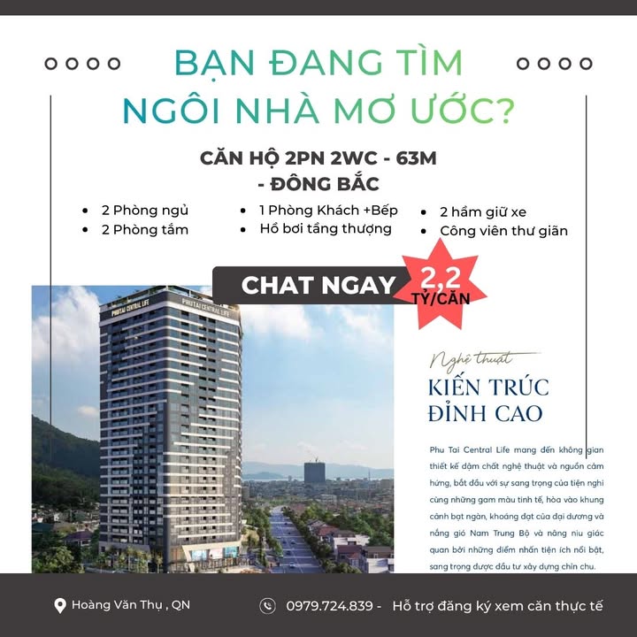 Căn hộ Phú Tài Central Life Quy Nhơn 63m² - Chính chủ, sẵn sàng nhận nhà ngay!