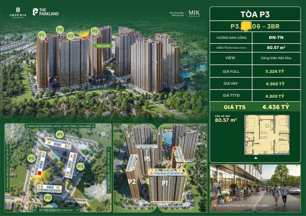 Căn hộ 3PN The Parkland - Imperia Ocean City 81m² giá 4.436 tỷ - View công viên tuyệt đẹp!