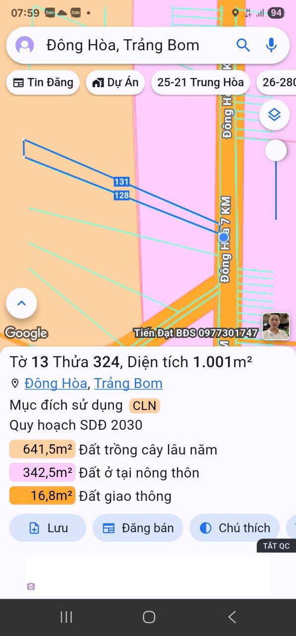 Đất nền 1000m² xã Đông Hòa, huyện Trảng Bom, giá 1.599 tỷ - Cơ hội đầu tư tuyệt vời!