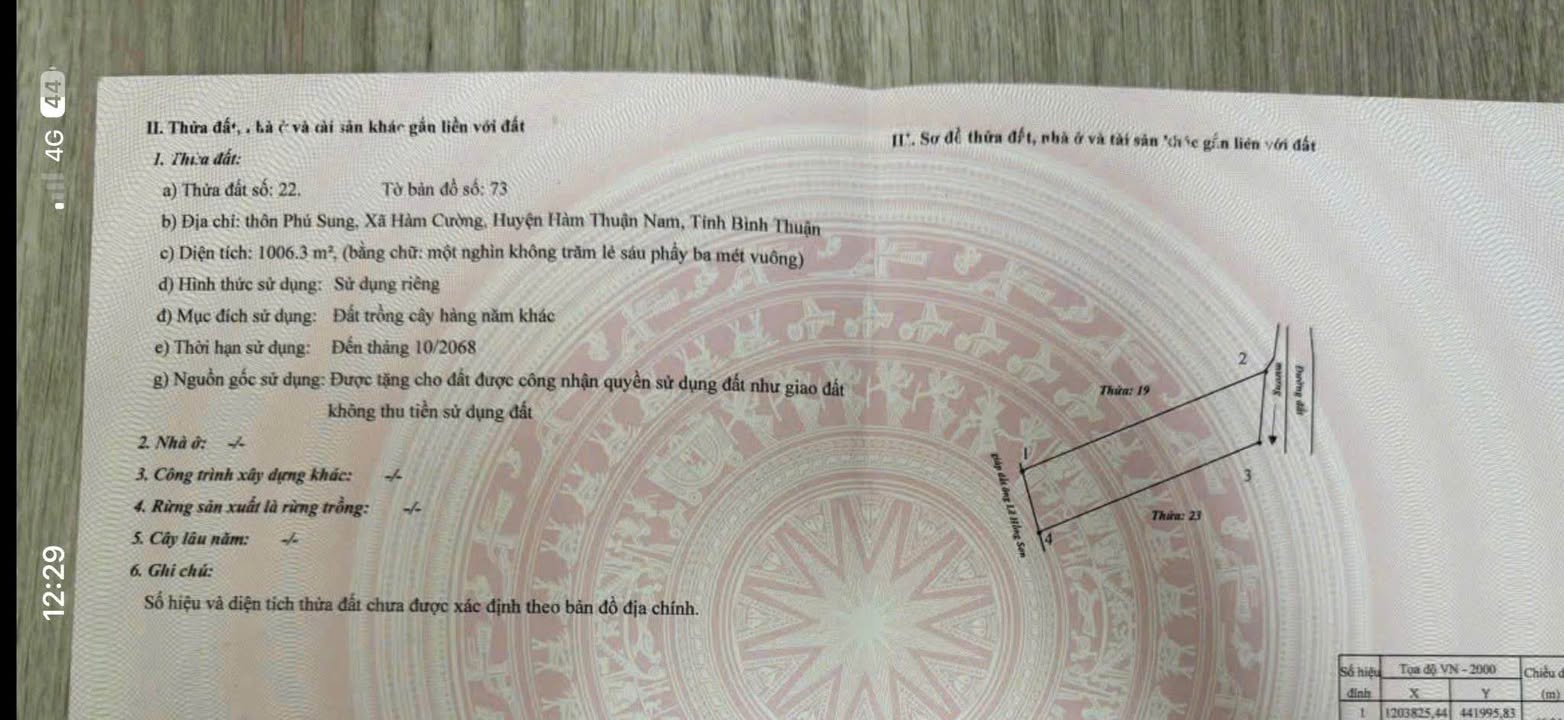Đất nền xã Hàm Cường, huyện Hàm Thuận Nam 1000m² giá chỉ 210 triệu - Pháp lý rõ ràng!