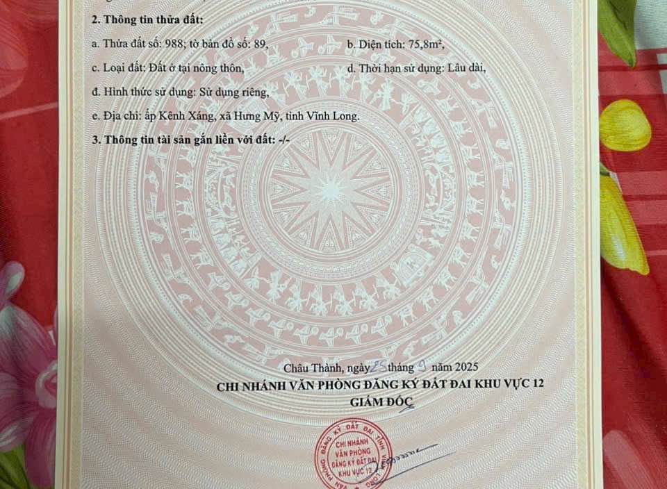 Đất thổ cư 75m² tại Ấp Kênh Xáng, Vĩnh Long giá chỉ 250 triệu - Đường vào 3m tiện lợi!