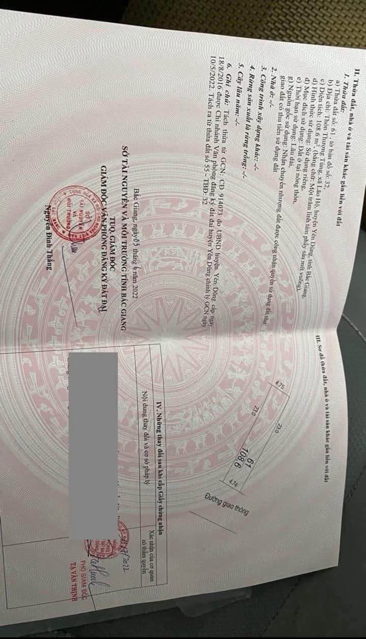 Đất thổ cư Yên Dũng 108m² giá 1.8 tỷ - Cơ hội vàng cho nhà đầu tư!