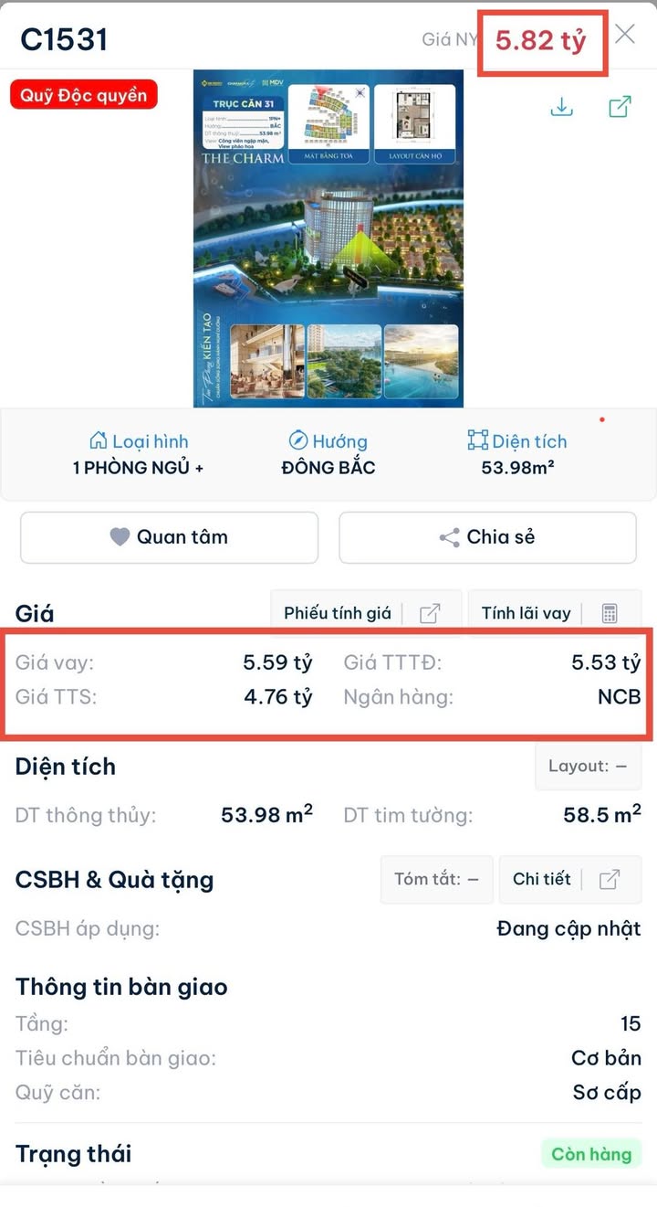 Căn hộ THE CHARM Nha Trang 54m² giá 5.82 tỷ - View công viên ven sông tuyệt đẹp!