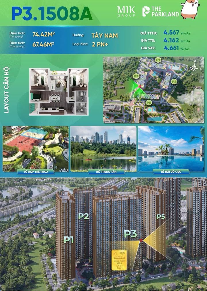Căn hộ 2PN P3 The Parkland 67m² giá 4.162 tỷ - Sống giữa thiên nhiên xanh mát!