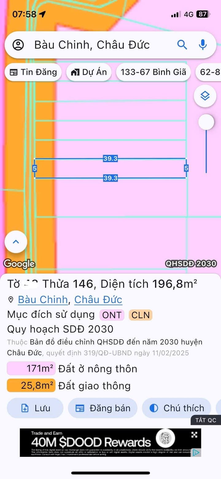 Đất nền xã Bàu Chinh 195m² giá 630 triệu - Hướng Tây, khu dân cư sầm uất!