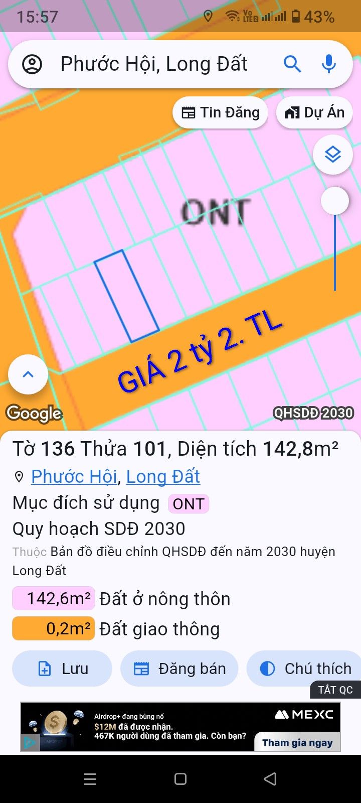 Đất thổ cư 143m² tại Lộc An, Bà Rịa - Vũng Tàu giá 2.2 tỷ - Cơ hội đầu tư tuyệt vời!