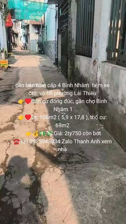 Nhà cấp 4 Bình Nhâm, Lái Thiêu 106m² giá 2.75 tỷ - Gần chợ và trường học!