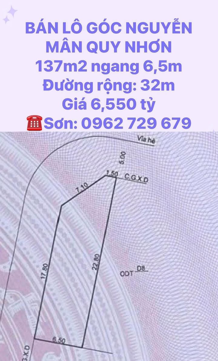 Đất nền góc Nguyễn Mân, Quy Nhơn 137m² giá 6.55 tỷ - Đường rộng 32m, chính chủ!