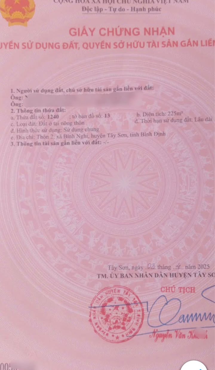 Đất thổ cư xã Tây Sơn, 225m² giá 900 triệu - Sổ hồng chính chủ
