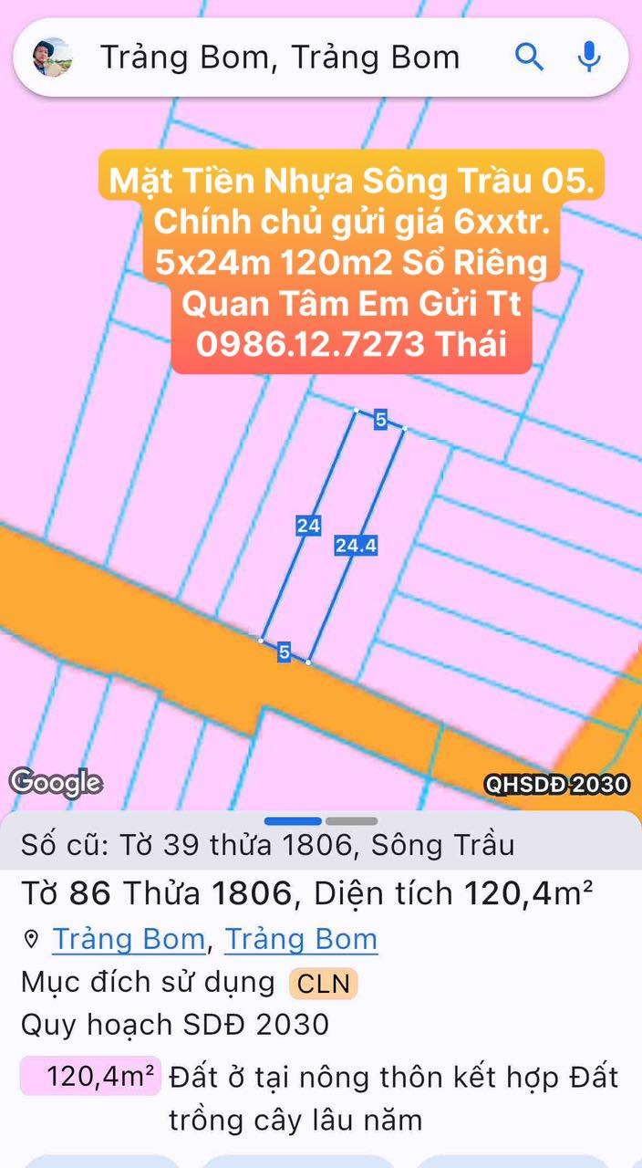 Đất nền Sông Trầu 120m² giá 6 tỷ - Chính chủ, sổ riêng