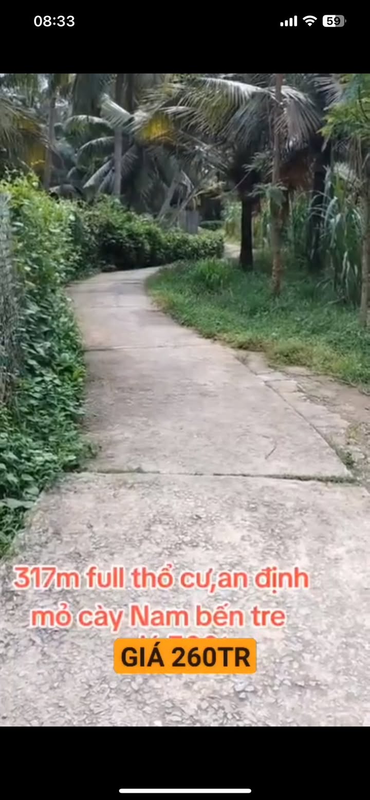 Đất thổ cư 317m² An Định Mỏ Cày Nam chỉ 260 triệu - Cơ hội đầu tư tuyệt vời!